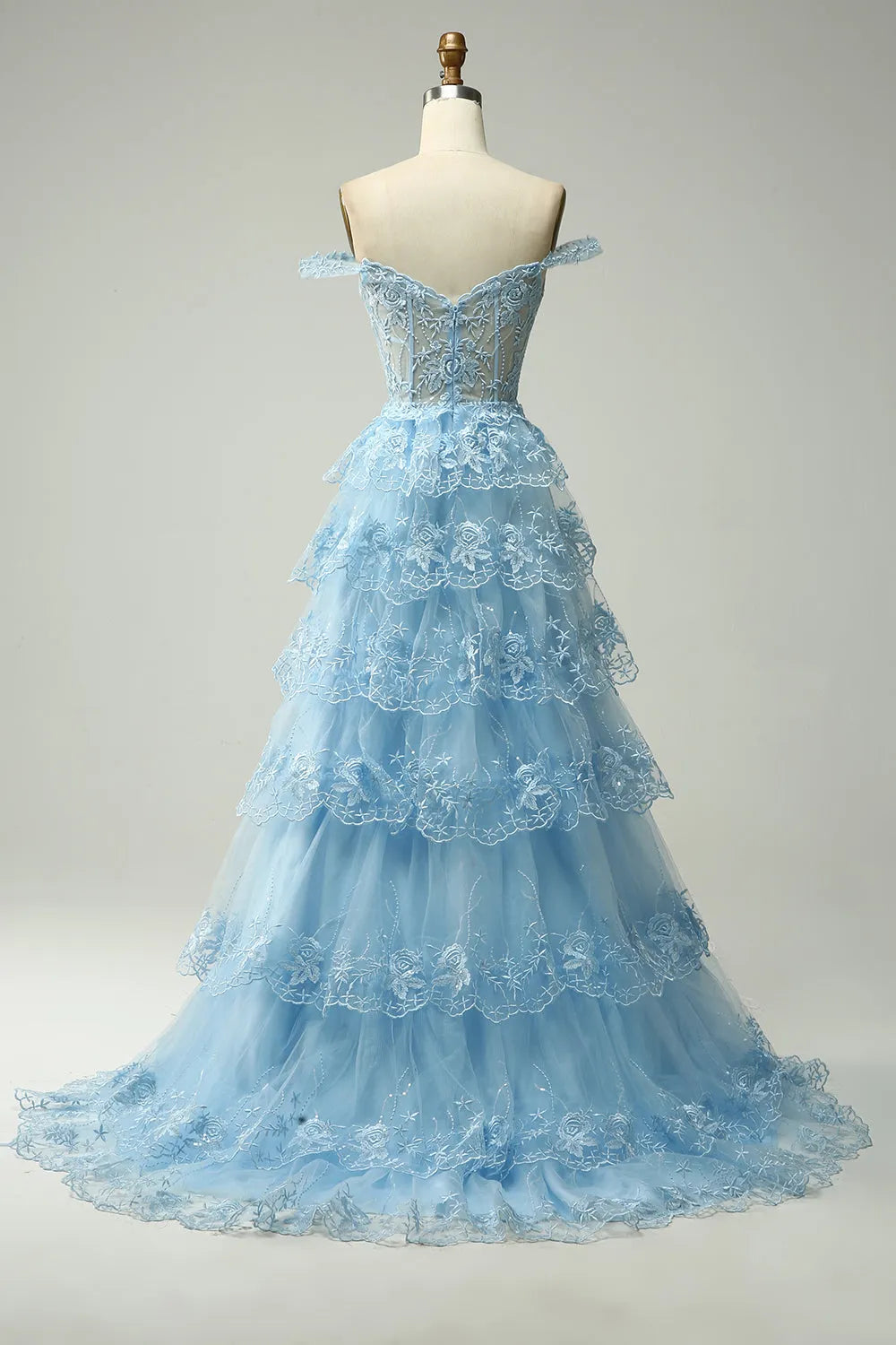 A Line Off the Shoulder Corset Prom Dress with Lace Ruffles