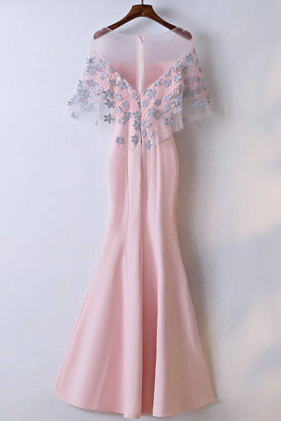 Round neck satin lace applique long prom dress