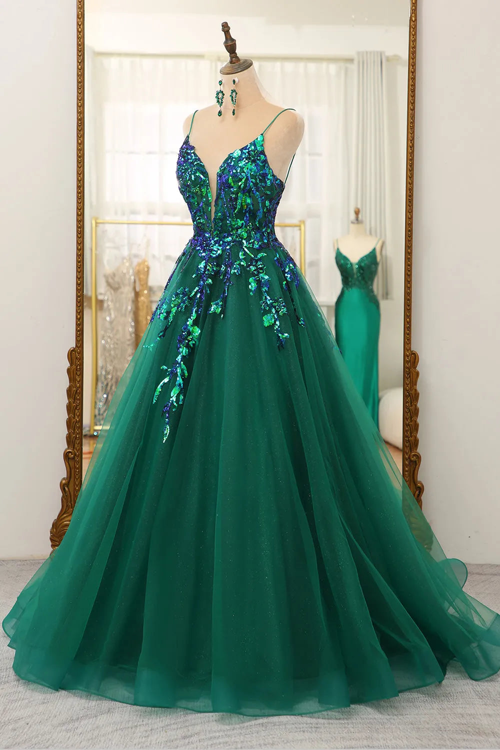 A-Line Glitter Tulle Spaghetti Straps Long Prom Dress With Sequin