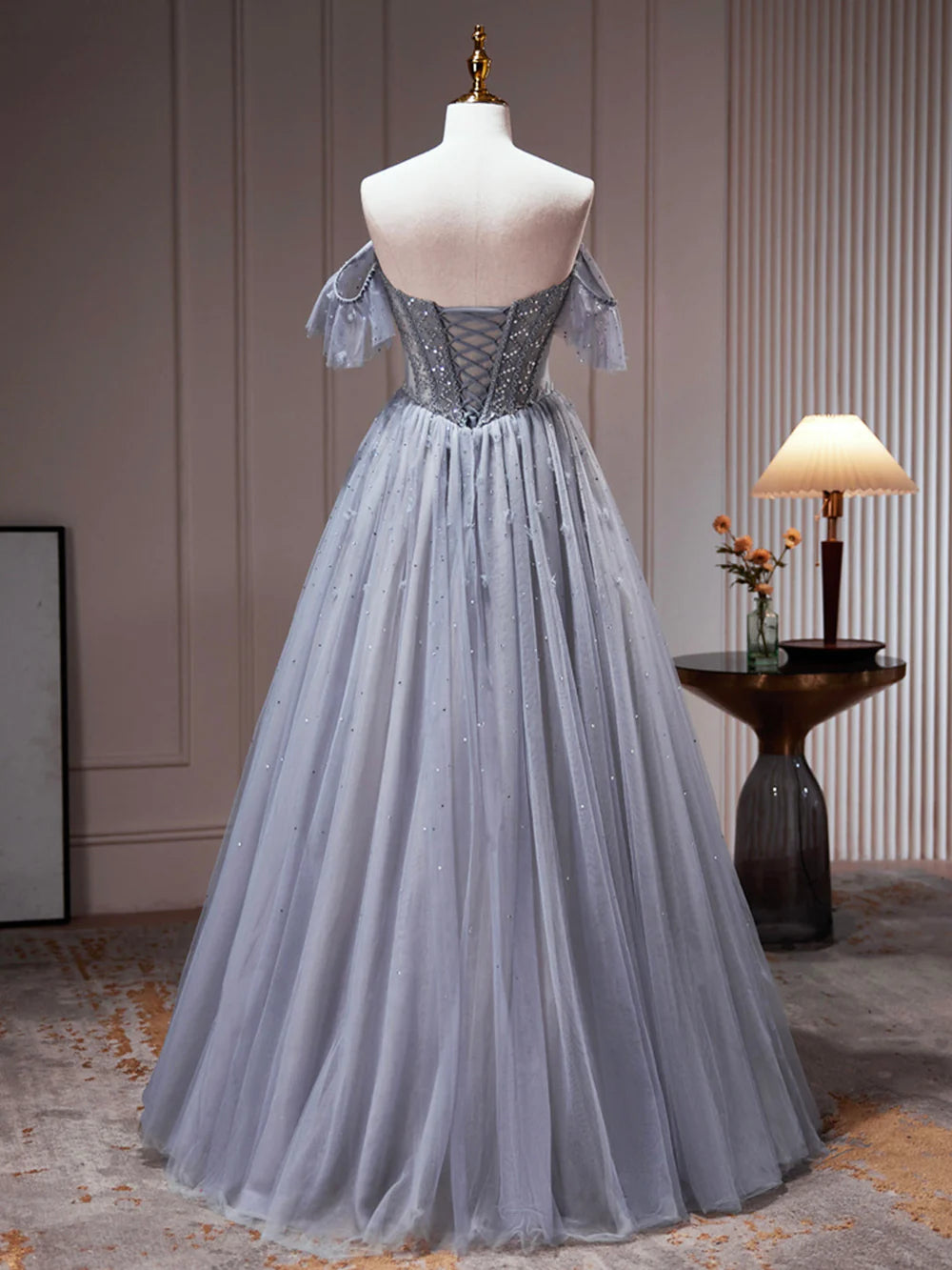 A-Linie Tüll Off Shoulder Perlen Partykleid Abendkleid Ballkleid
