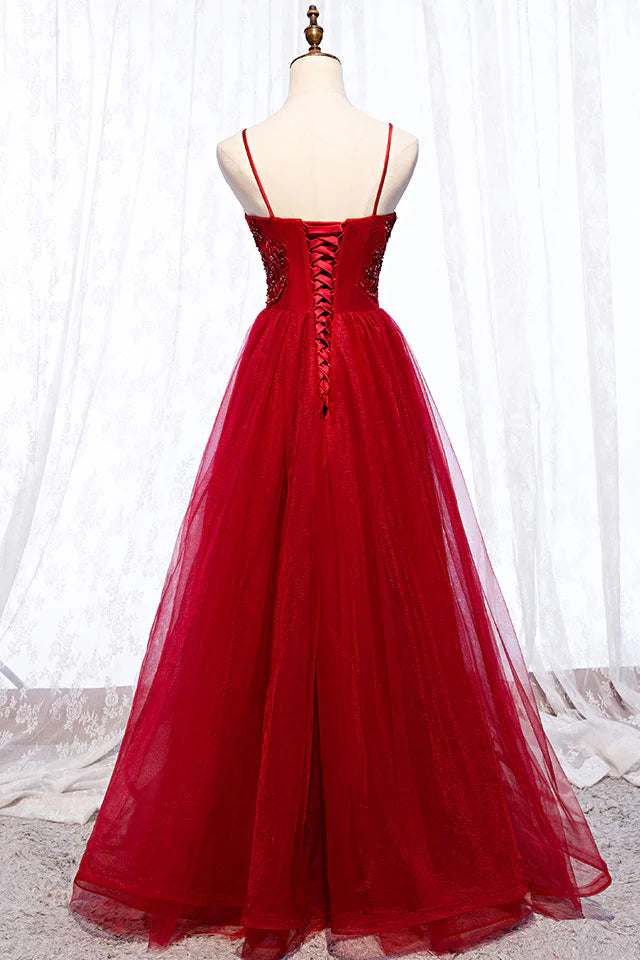 Tulle lace beads long prom dress