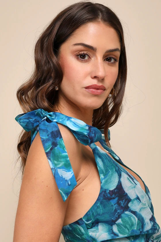Flowering Day Dream Teal Blue Floral Organza Midi Bubble Dress