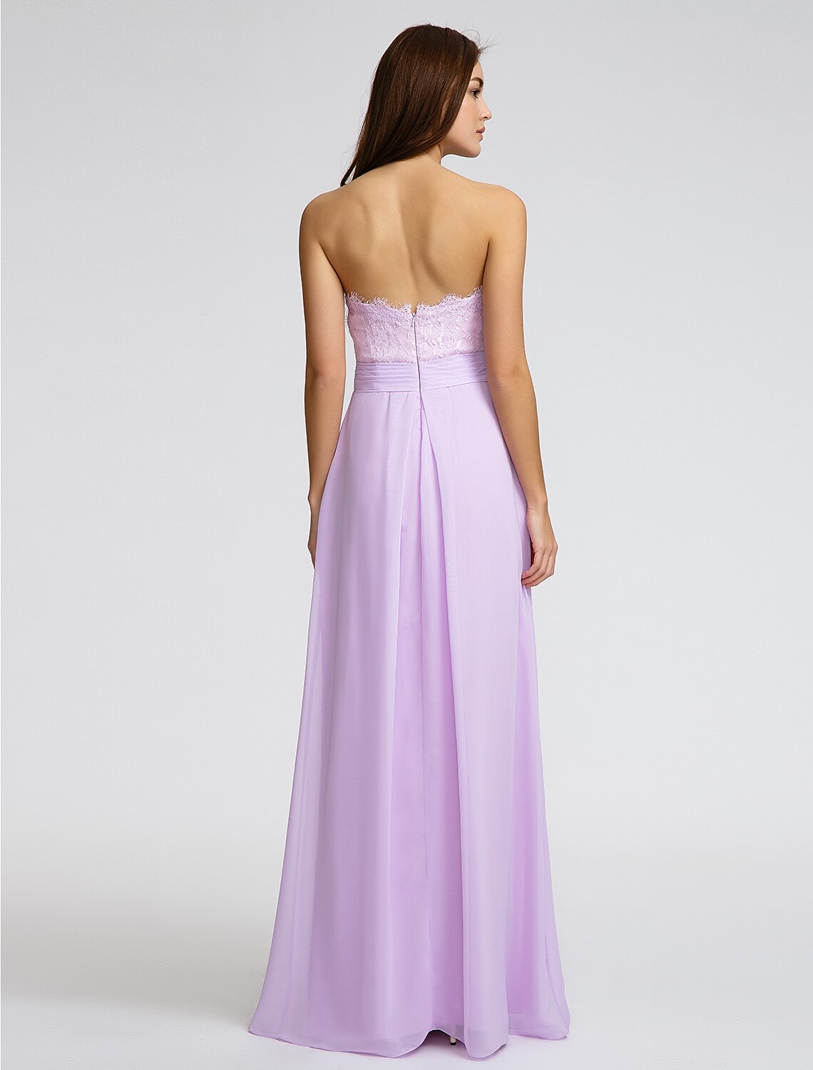 Vestido de dama de honor de gasa/encaje, largo hasta el suelo, sin tirantes, con faja, cinta y pliegues, de muestra de producto