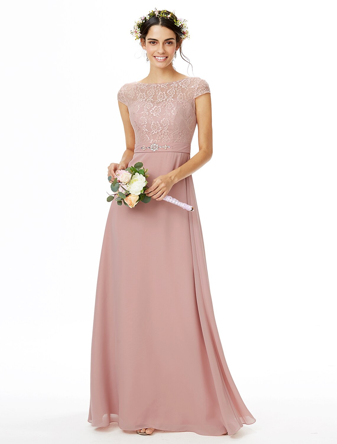 Vestido de dama de honor con corte tubo, escote barco, manga corta, elegante, largo hasta el suelo, de gasa, con encaje, faja, cinta y lazo.