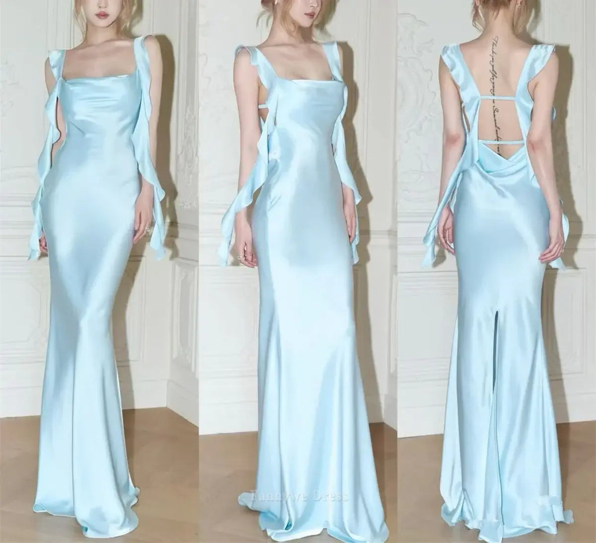 Vestidos largos formales de satén azul con tirantes de sirena, vestidos de dama de honor, vestido de noche, vestido de fiesta