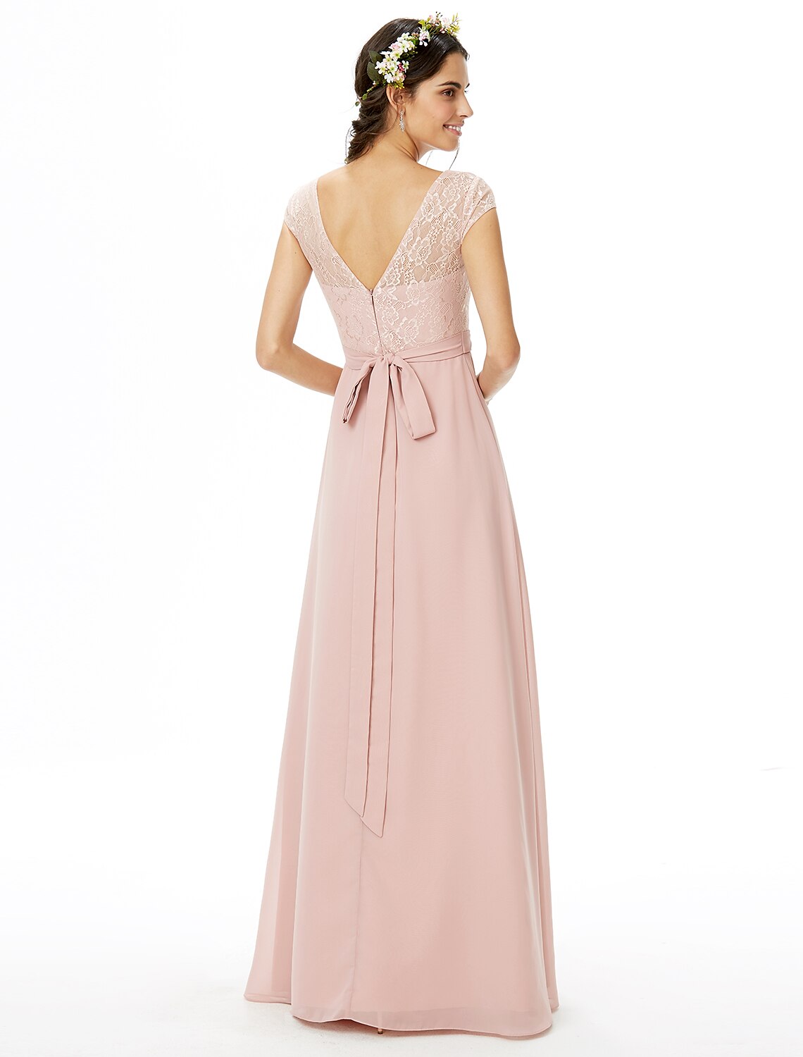 Vestido de dama de honor con corte tubo, escote barco, manga corta, elegante, largo hasta el suelo, de gasa, con encaje, faja, cinta y lazo.