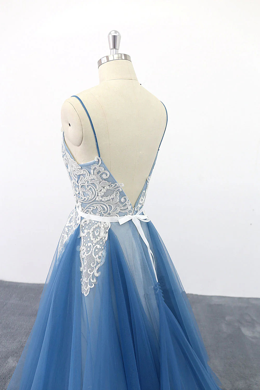 V neck tulle lace long prom dress