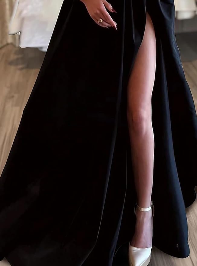 Vestido de noche formal de satén con abertura y perla, corte A, sexy, con escote tipo swing, manga larga y hombros descubiertos