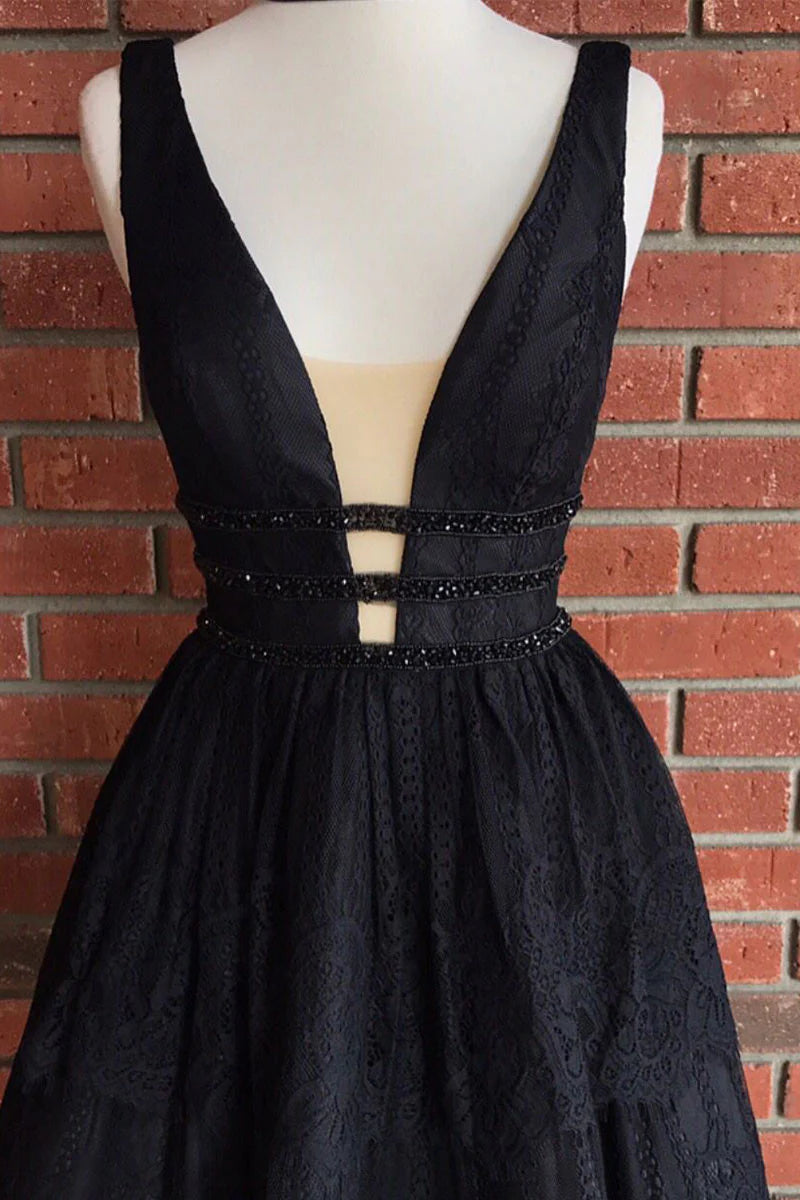 V neck lace short prom dress