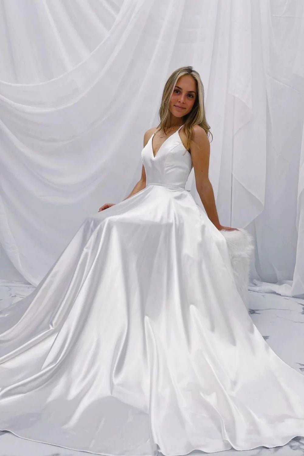 Simple A Line Spaghetti Straps White Wedding Bridal Dress