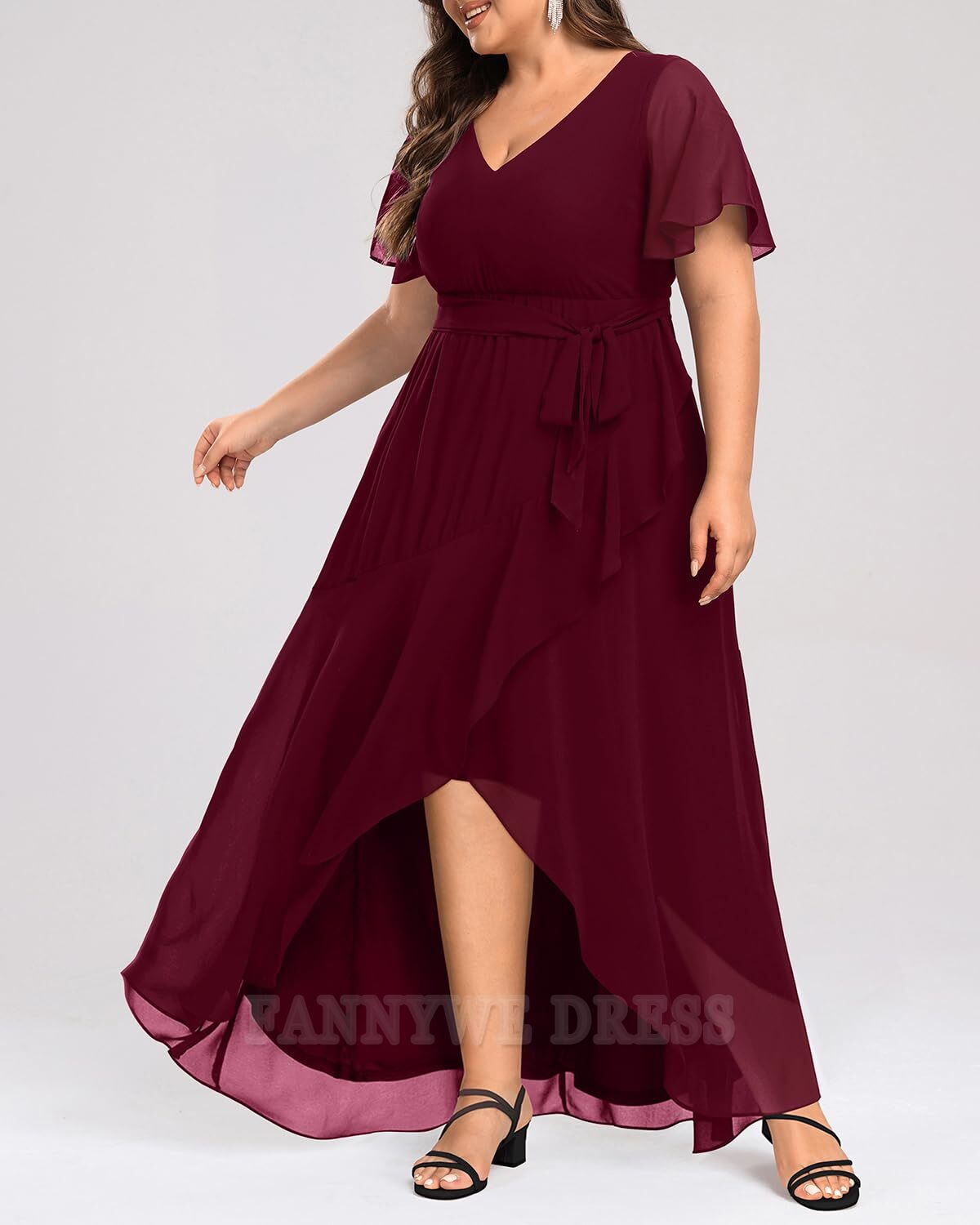 Vestidos formales de gasa con volantes y escote en V de talla grande, vestidos de dama de honor, vestidos de noche, vestidos de fiesta con abertura alta y baja
