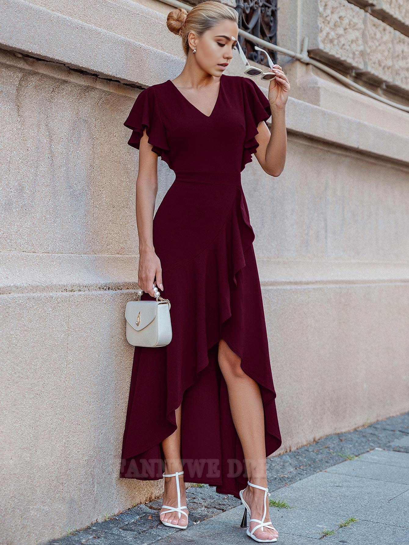 A-Linie V-Ausschnitt Rüschen Abendkleider Brautjungfernkleider Abendkleid Ballkleid mit Schlitz