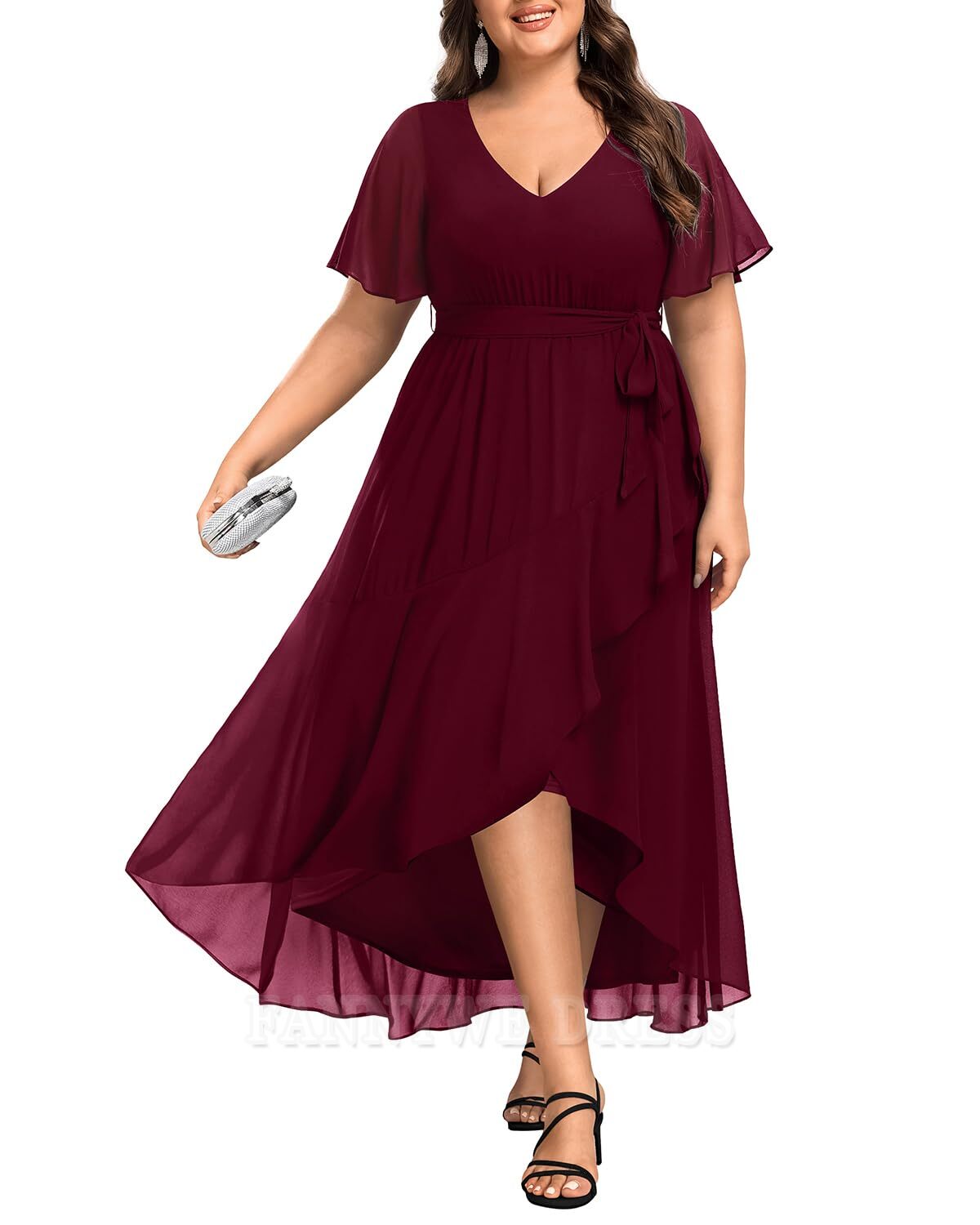 Vestidos formales de gasa con volantes y escote en V de talla grande, vestidos de dama de honor, vestidos de noche, vestidos de fiesta con abertura alta y baja
