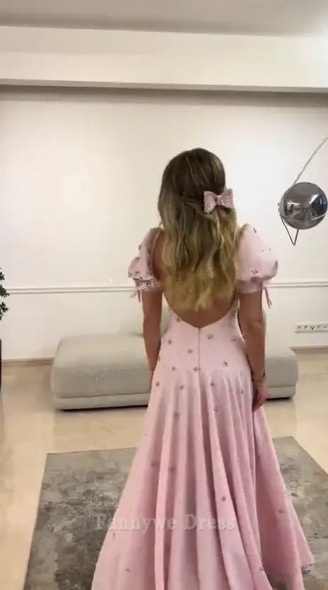 Hermosos vestidos formales largos rosas con mangas abullonadas y abalorios de corte A para dama de honor, vestido de noche, vestido de fiesta
