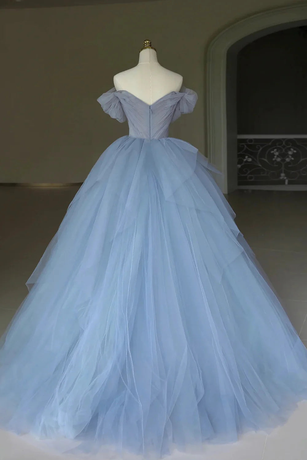 A-line Off the Shoulder 3D Flowers Tulle Floor Length Prom Dress Evening Dress