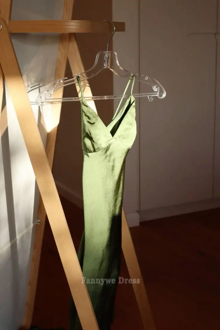 Sheath V Neck Spaghetti Straps Satin Green Long formal dresses Bridesmaid Dresses evening gown Prom Dress