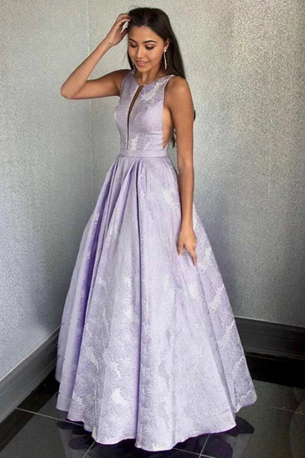 Vestido de fiesta/noche estampado hasta el suelo con cuello redondo y corte A