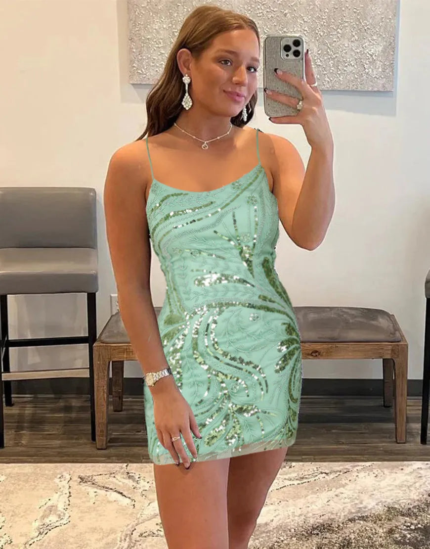 Sequined Lace Up Short Homecoming Party Dress