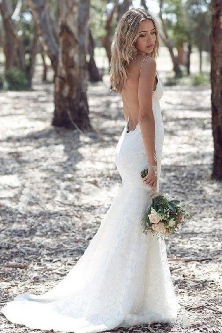 Mermaid Beach Sexy V Neck Spaghetti Straps Lace Ivory Wedding Dresses