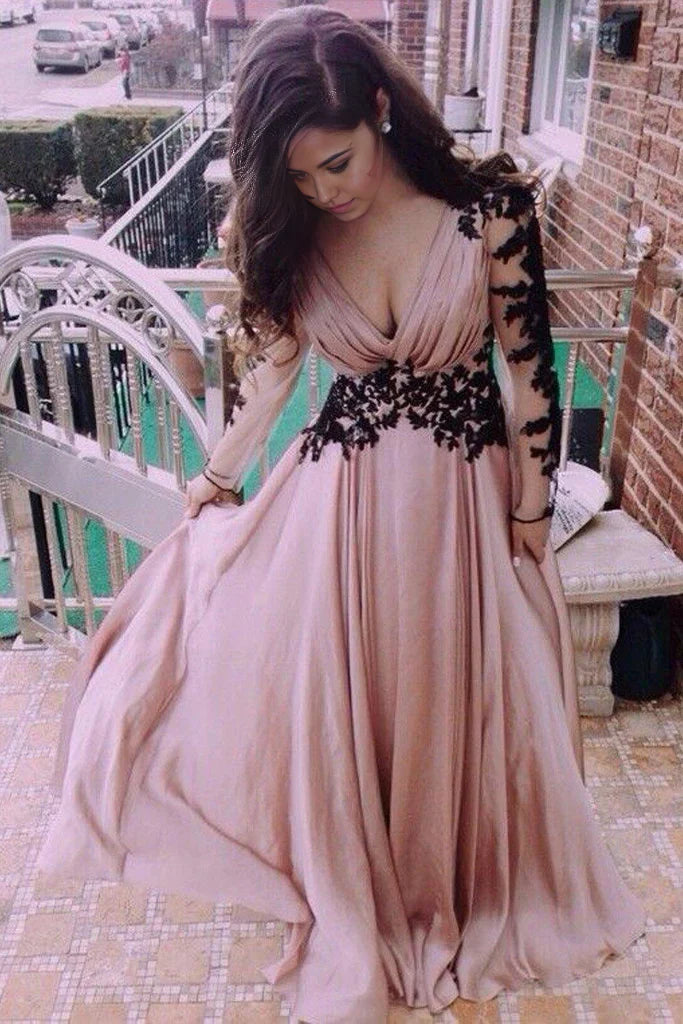 A-Linie V-Ausschnitt Langarm Spitze Abendkleid Abendkleid Ballkleider