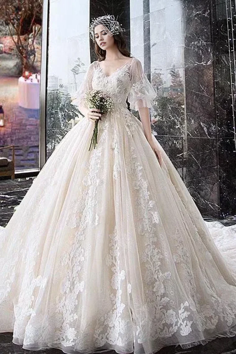 A-line V Neck Princess Half Sleeve Ball Gown Appliques Bridal Wedding Dresses