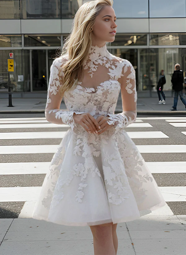 A-Line Illusion Neck Long Sleeves Lace Wedding Dresses
