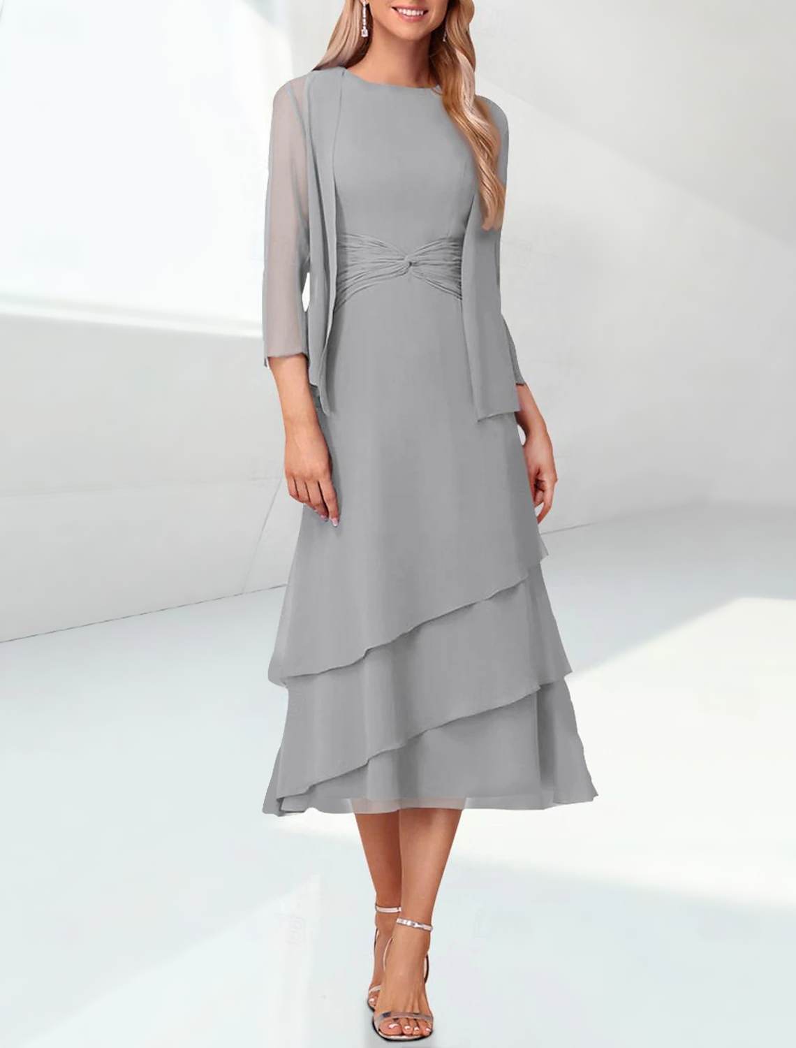 Sheath / Column Mother of the Bride Dress Elegant Jewel Neck Tea Length Chiffon 3/4 Length Sleeve Wrap Included with Ruching free custom size