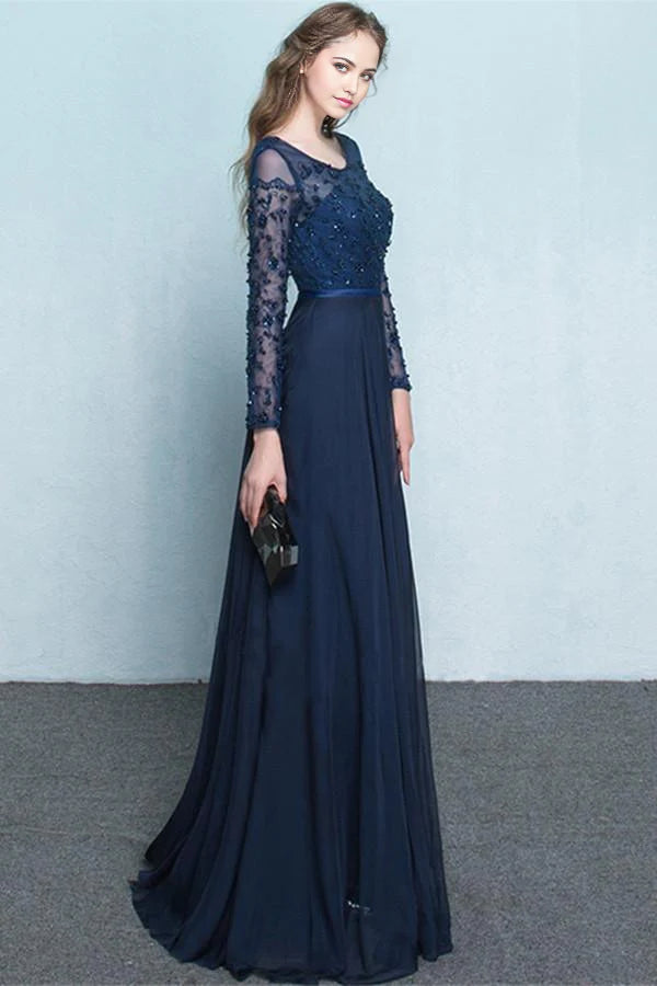 Vestido formal de gasa con escote redondo, manga larga y abalorios, corte A, vestido de noche, vestido de fiesta
