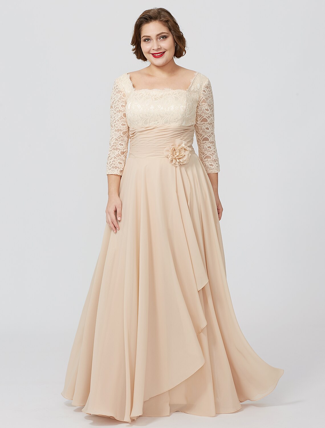 Vestido de madre de la novia con corte tubo/columna, formal, clásico y atemporal, elegante y lujoso, talla grande, escote cuadrado, largo hasta el suelo, gasa, encaje metálico, manga 3/4, sin mangas, con faja/cinta y flores