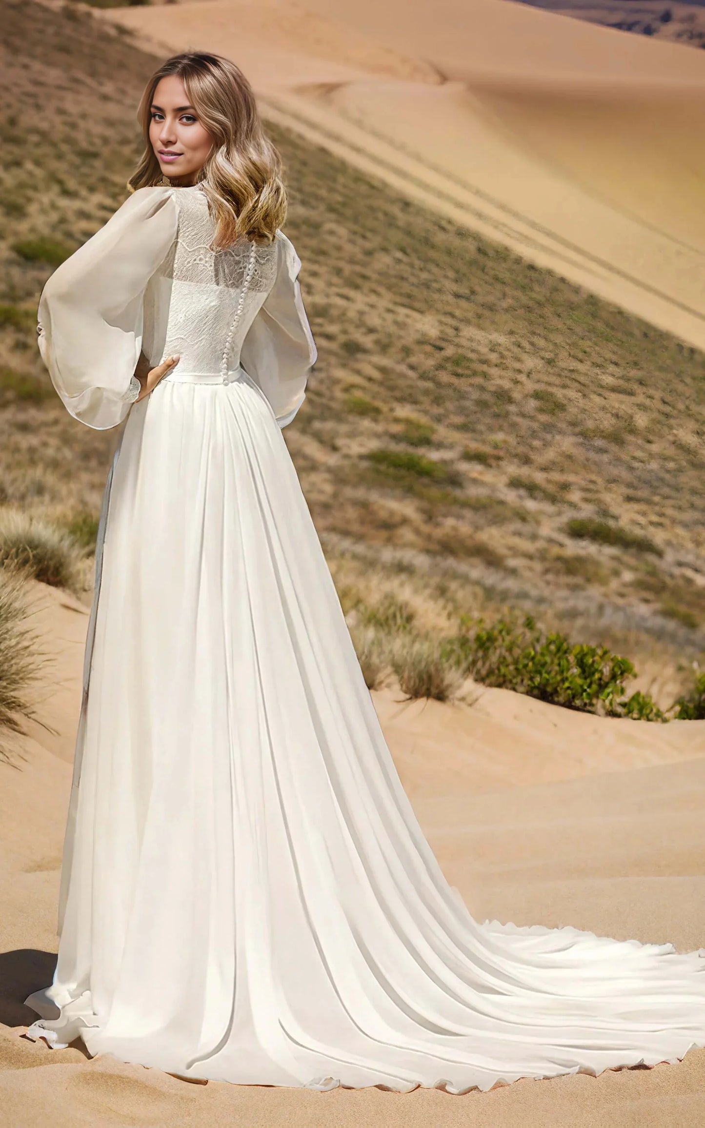 A-Line Long Sleeve Casual Rustic Bateau Neck Wedding Dress Gowns with Train