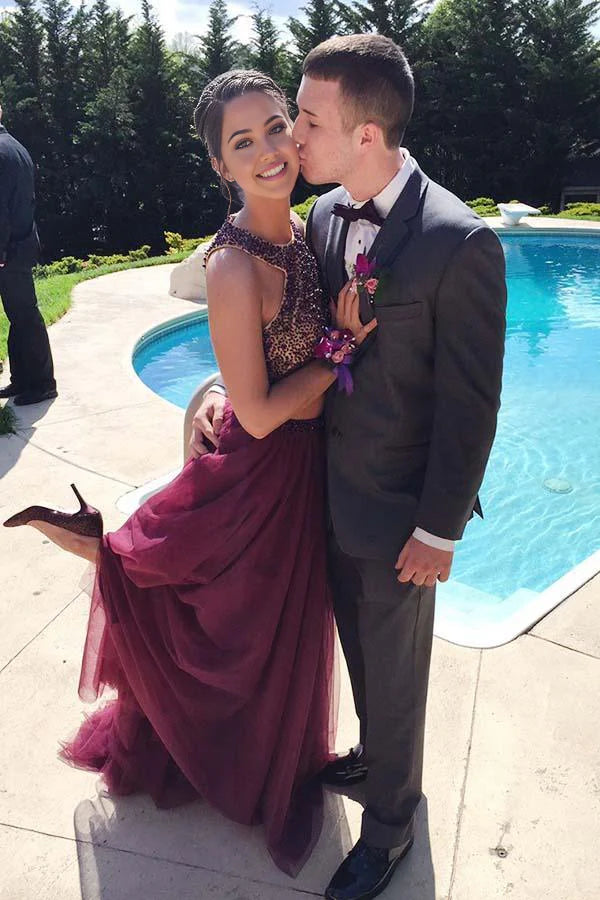 Two Piece Halter Burgundy Tulle Open Back Beading formal dresses evening gown Prom Dresses