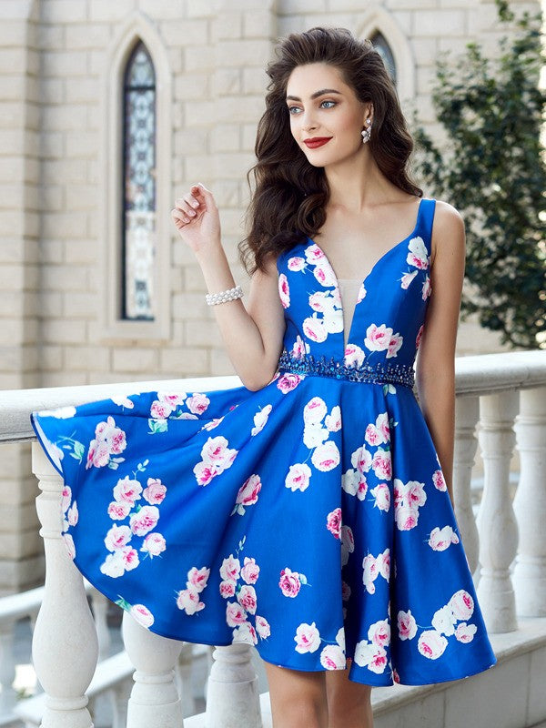 A-Line Satin Straps Sleeveless Short/Mini With Crystal Dresses