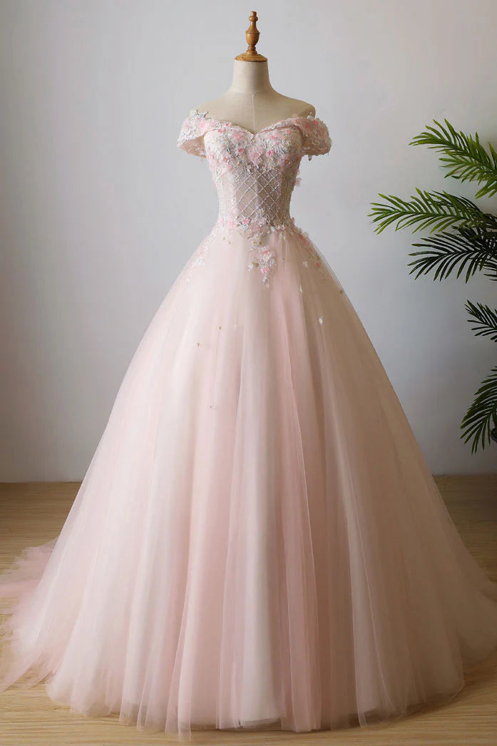 Vestido de fiesta largo de tul con encaje y hombros descubiertos
