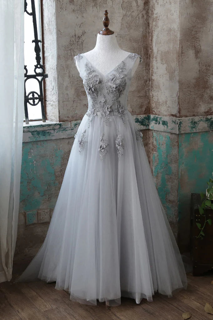 V neck lace applique tulle long prom dress