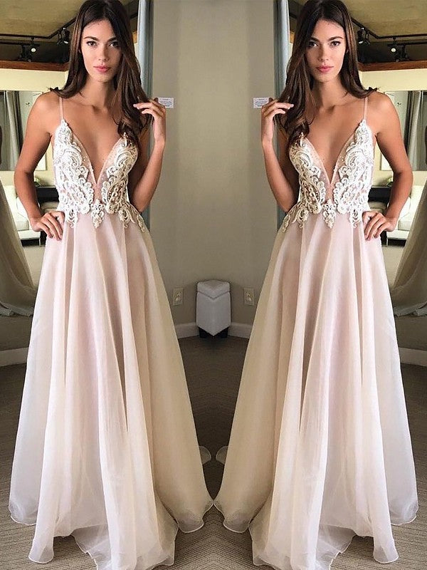 Vestidos de gasa con apliques, corte A, tirantes finos, sin mangas, cola larga y barrida