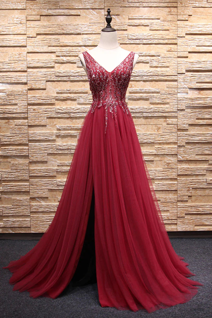 V neck beads tulle long prom dress