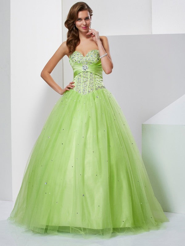 Duchesse-Linie Tüll Herzausschnitt Ärmellos Bodenlang mit Perlen verziert Quinceanera Kleider