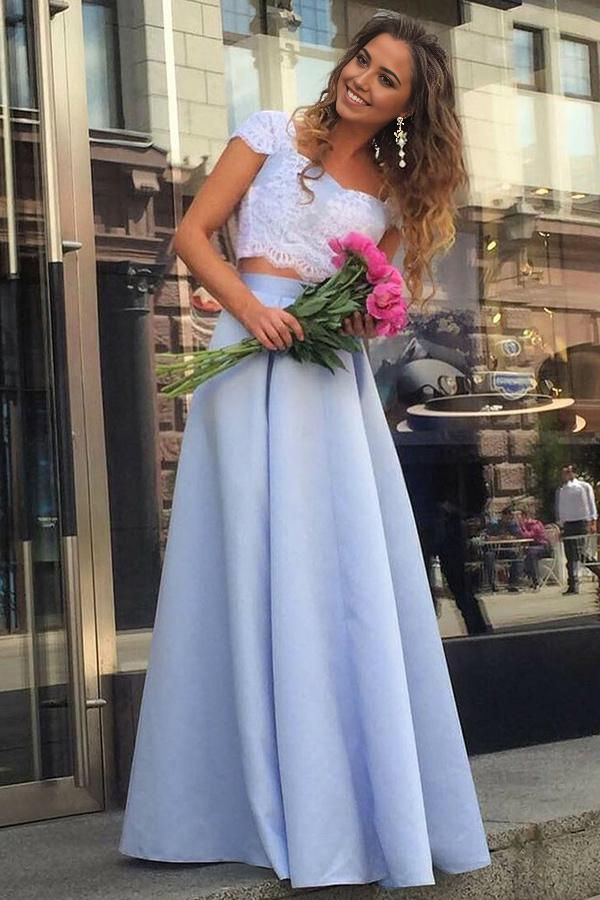 Two Pieces Cap Sleeves Sweetheart Floor Length Lace formal dresses evening gown Prom Dresses
