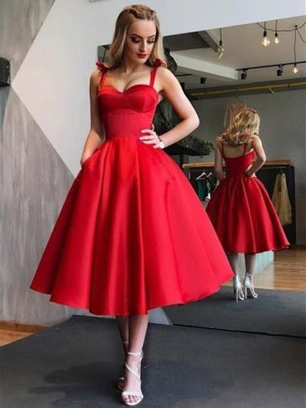 A-Line Straps Satin Sleeveless With Ruffles Tea-Length Dresses