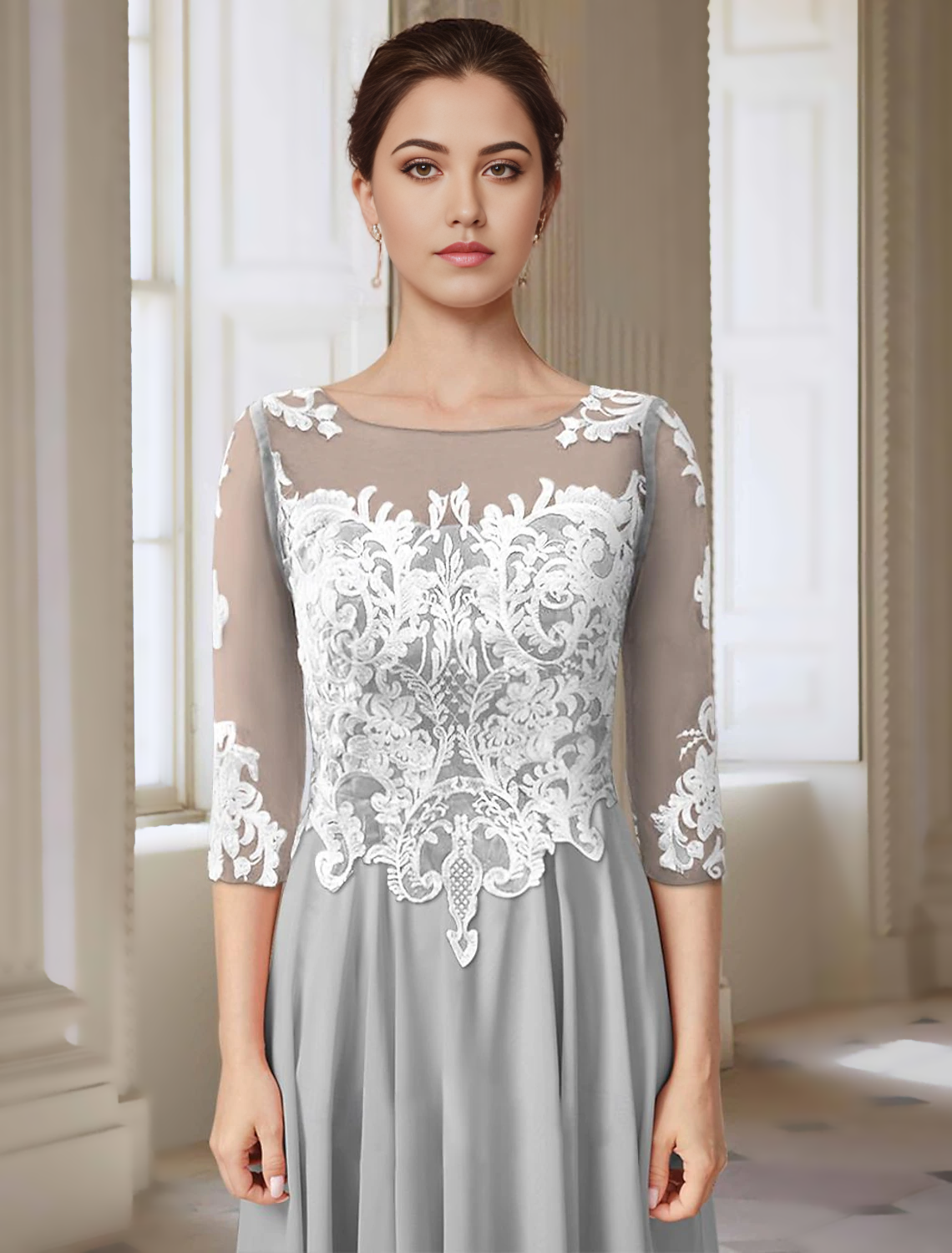 A-Line Mother of the Bride Dress Elegant Jewel Neck Asymmetrical Ankle Length Chiffon Lace 3/4 Length Sleeve with Appliques free custom size