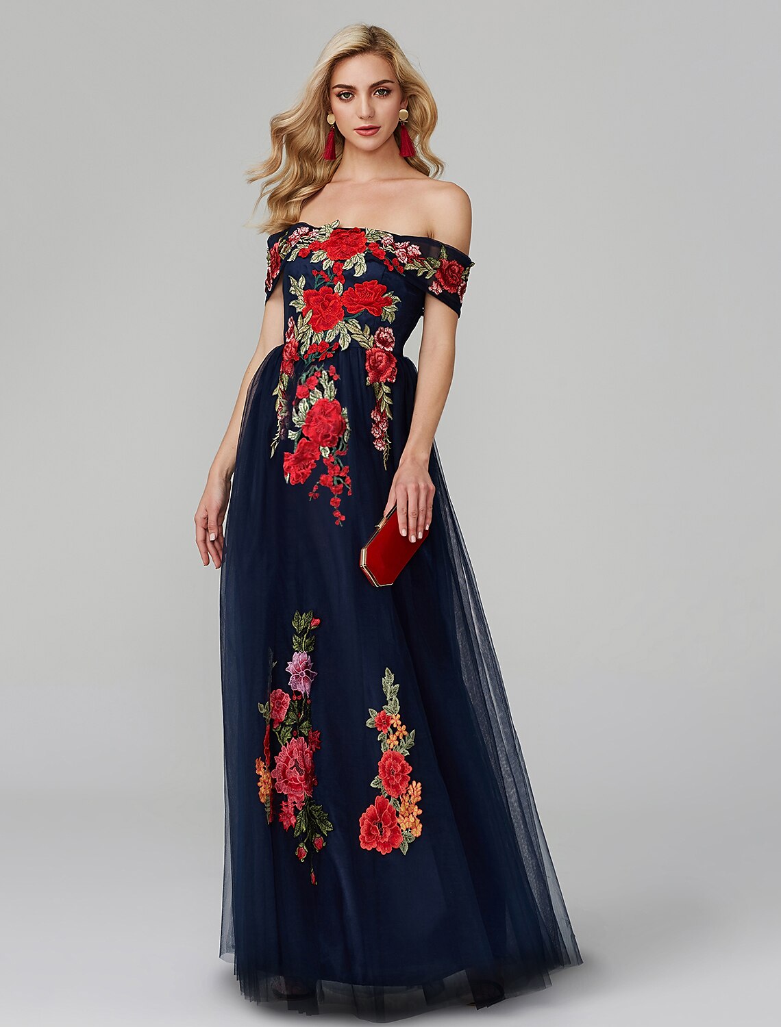Vestido de fiesta de corte A, floral, para invitada de boda, largo hasta el suelo, sin mangas, hombros descubiertos, con encaje sobre tul y apliques bordados.