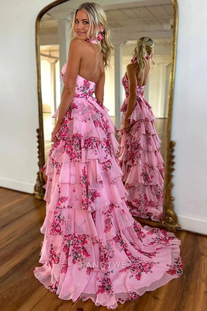 Sheath Halter Cute Floral Printed Chiffon Tiered formal dresses Bridesmaid Dresses evening gown Prom Dress with Slit