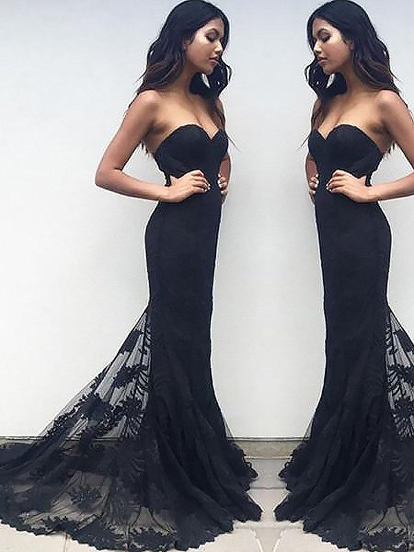 Vestidos de sirena sin mangas con escote corazón, encaje y volantes con cola larga