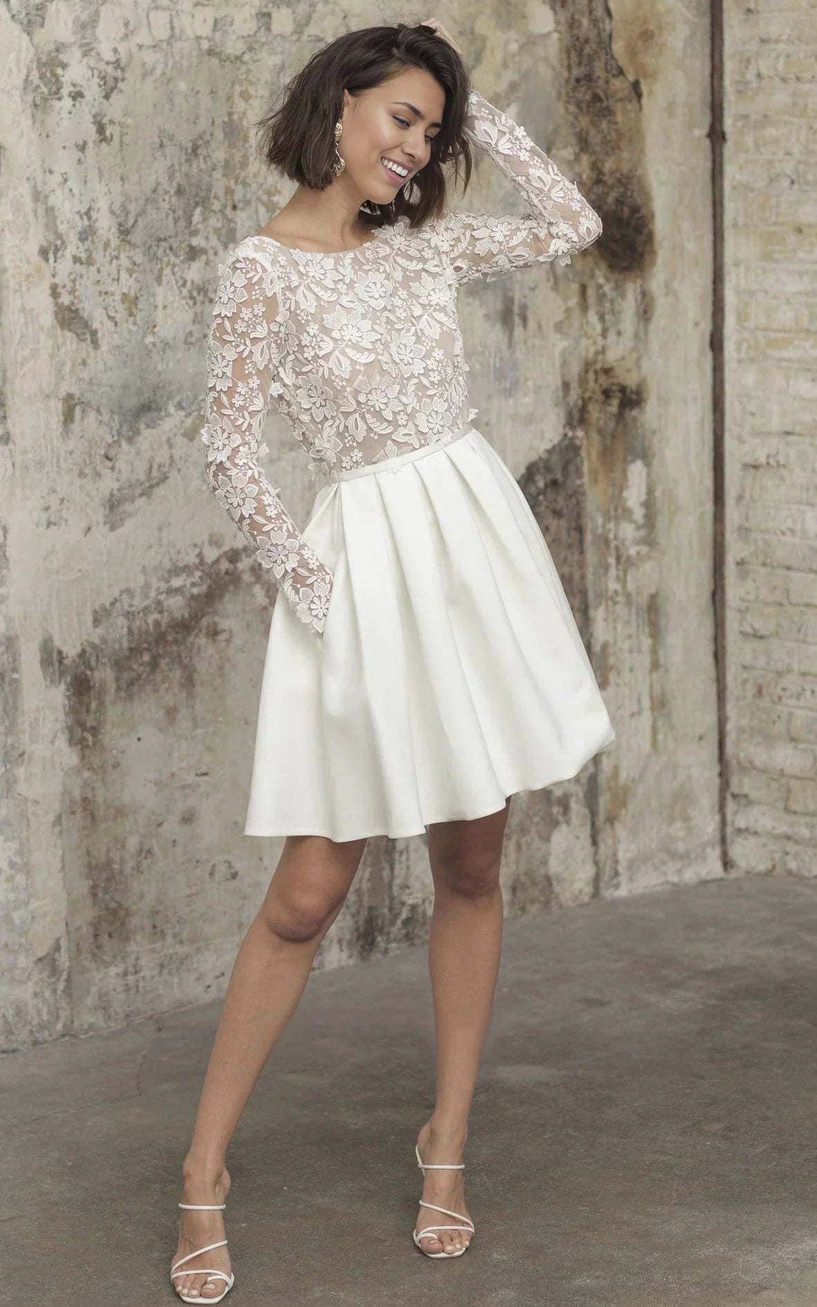 A Line Simple Knee-length Satin Lace Bateau Long Sleeve Wedding Dress