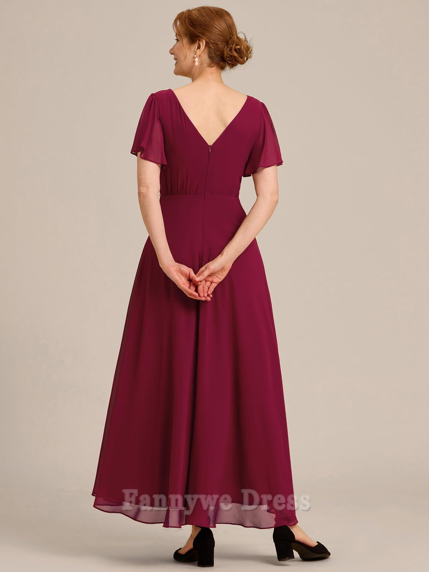 A-Linie V-Ausschnitt Rüschenärmel Plissee Chiffon Abendkleider Brautjungfernkleider Abendkleid Ballkleid