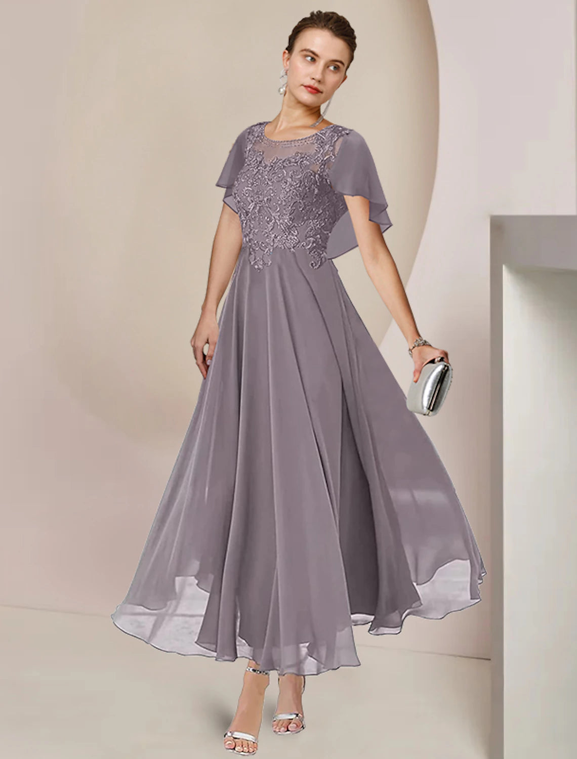 A-Linien-Kleid für die Brautmutter, elegant, U-Ausschnitt, knielang, Chiffon, Spitze, ärmellos, mit Perlenapplikationen