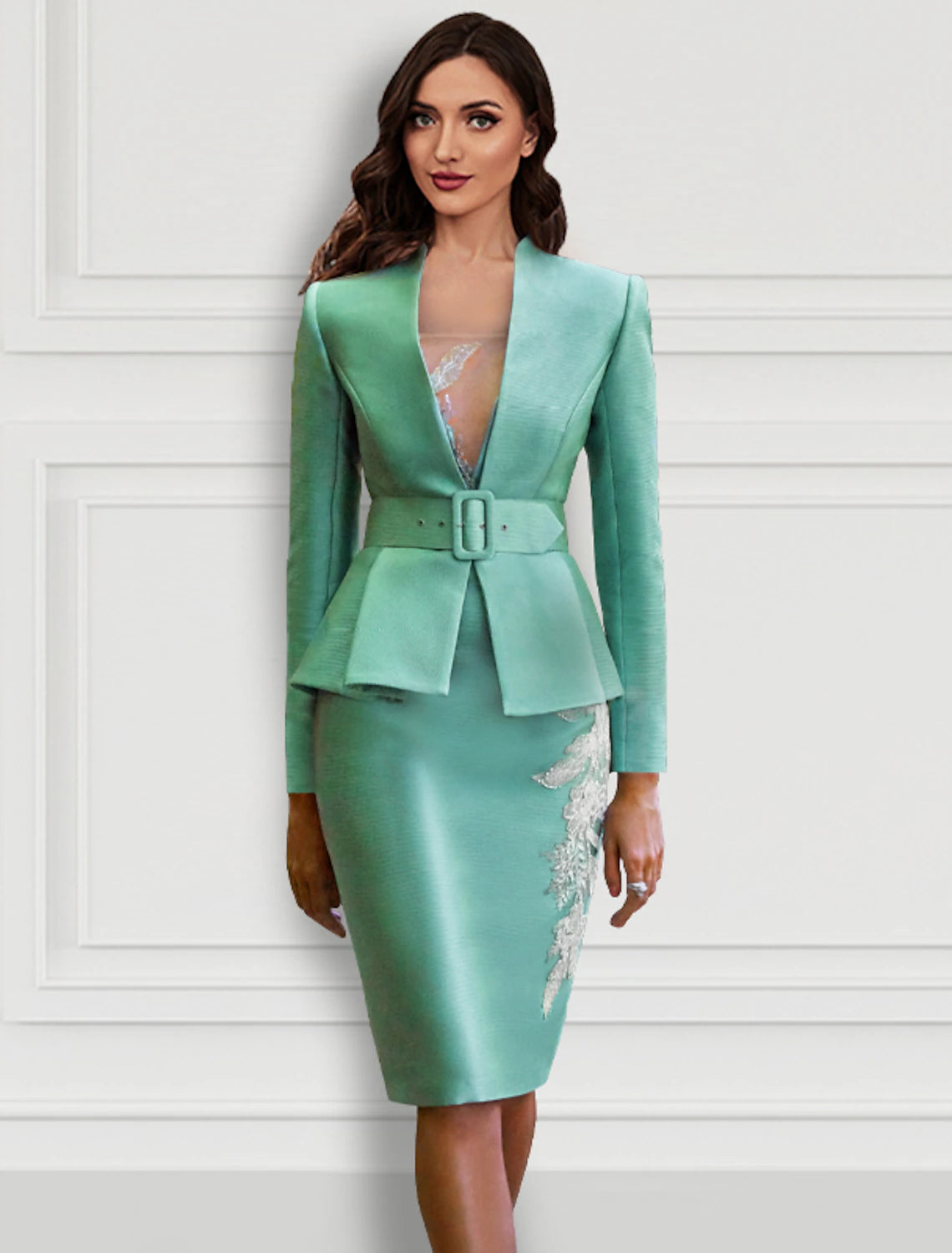 Zweiteilige Cocktailkleider, Blumenkleid, formell, knielang, langärmlig, V-Ausschnitt, Gürtel/Schärpe, Satin mit Applikationen
