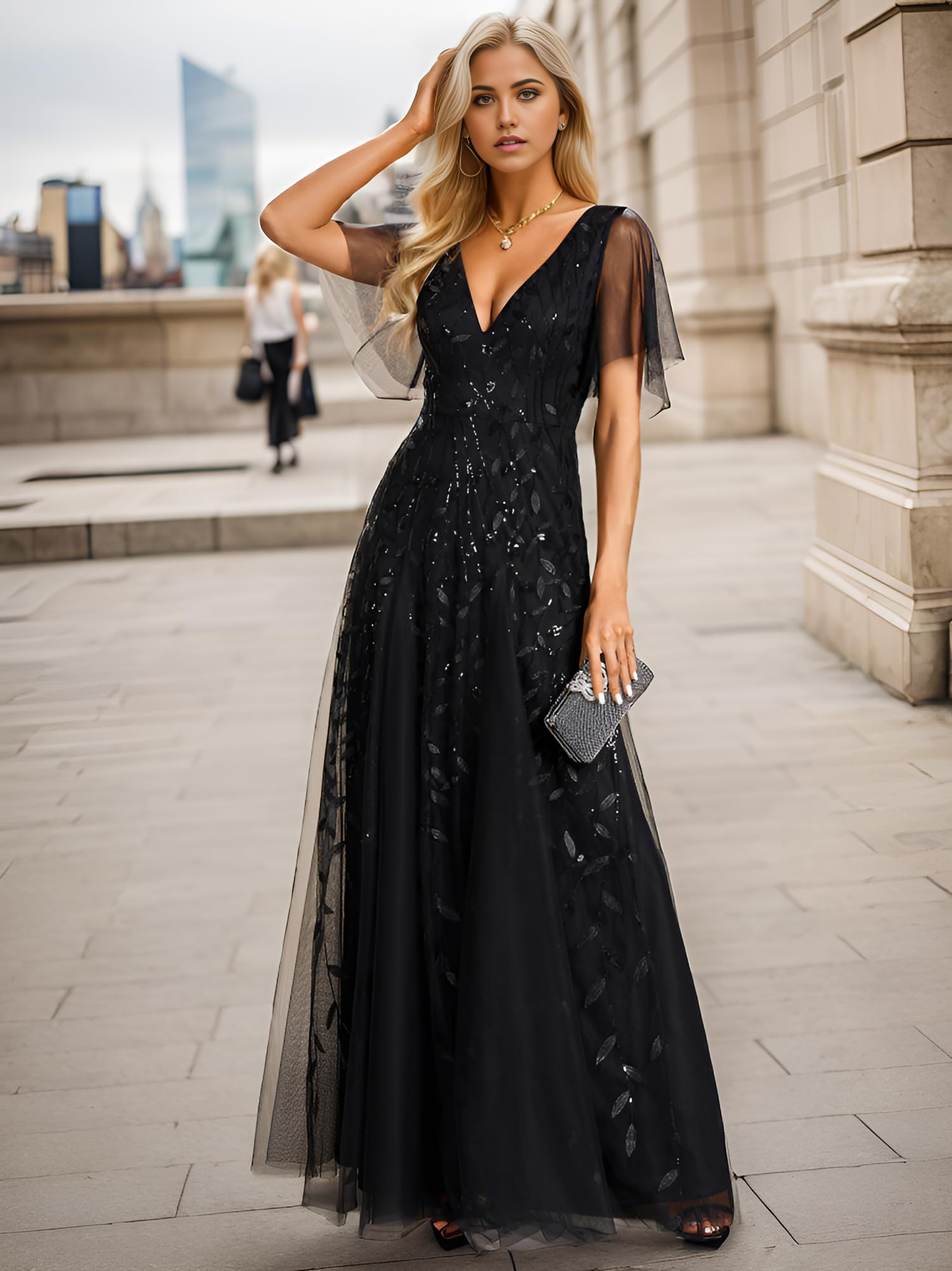 Vestido de noche formal de manga corta con escote en V brillante y lentejuelas de corte A para fiesta