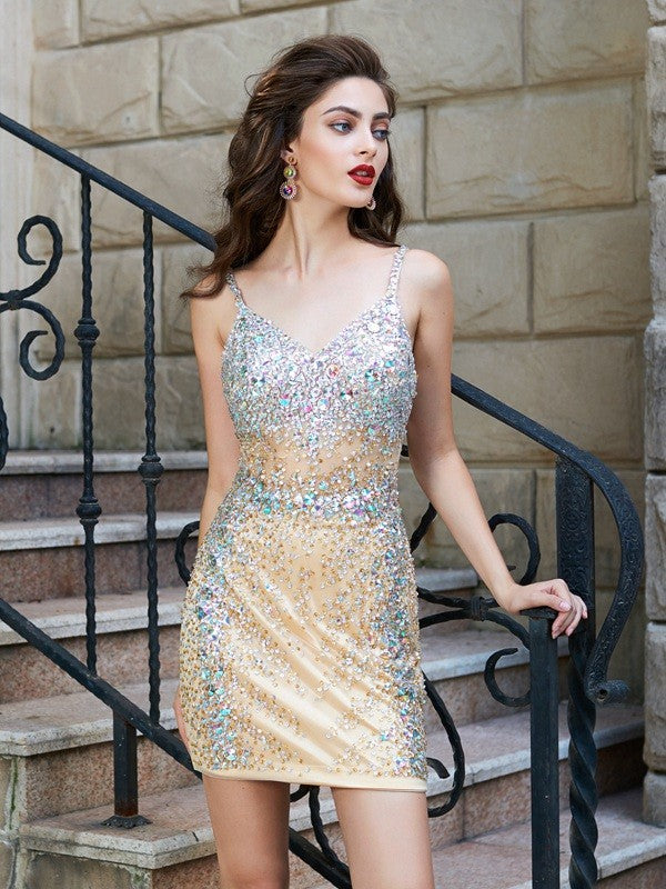 Sheath Net Spaghetti Straps Sleeveless Short/Mini With Sequin Dresses