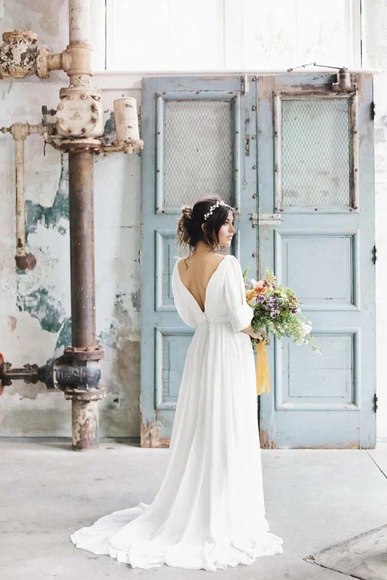 A Line Simple V Neck Ivory Half Sleeves Chiffon Wedding Dresses